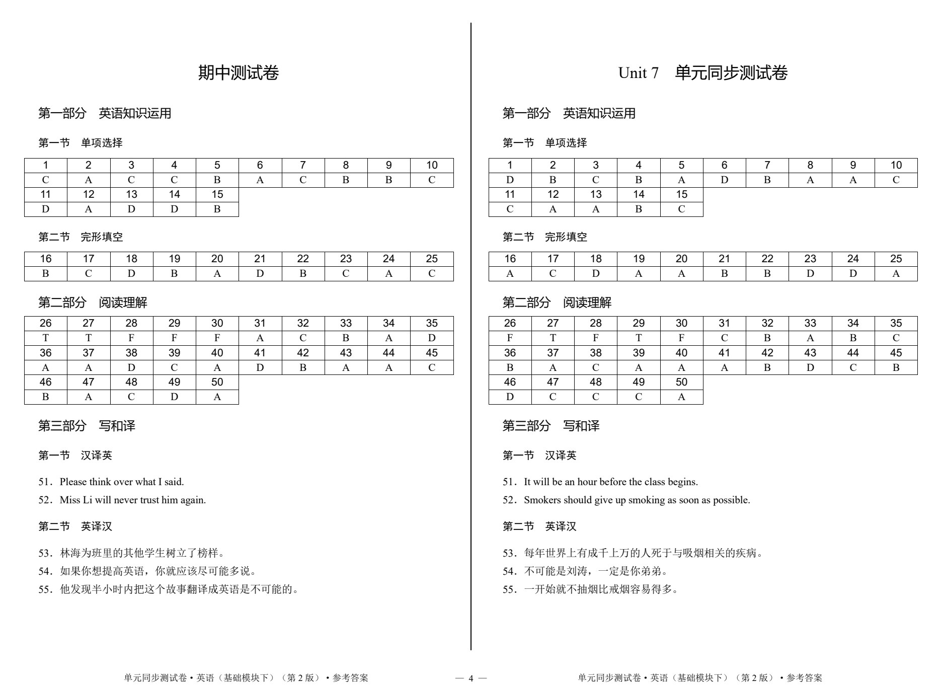 单元同步测试卷&middot;英语（基础模块下）（第2版）
